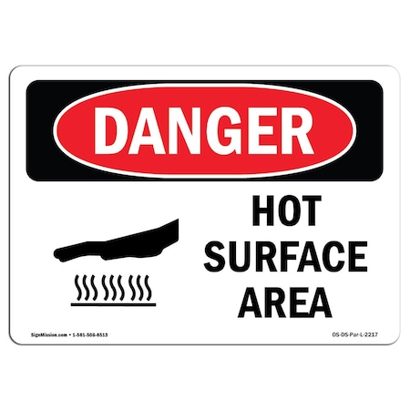 Signmission OSHA Danger Sign, Hot Surfaces In This Area, 5in X 3.5in Decal, 5" W, 3.5" H, Landscape OS-DS-D-35-L-2217